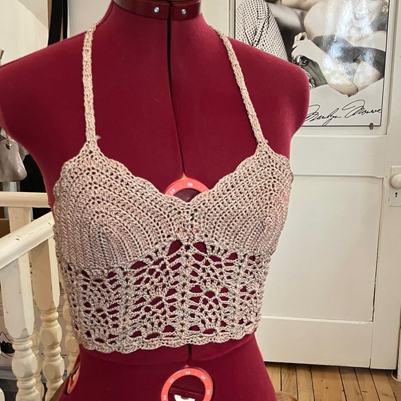 Parasuco Other - Vintage Y2K Parasuco Crochet Triangle Halter Top XS/S Scalloped Lace-Up Back